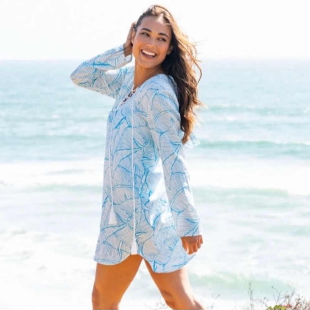 Charlie Holiday White and Blue Lace-Up Leaf Swim Coverup